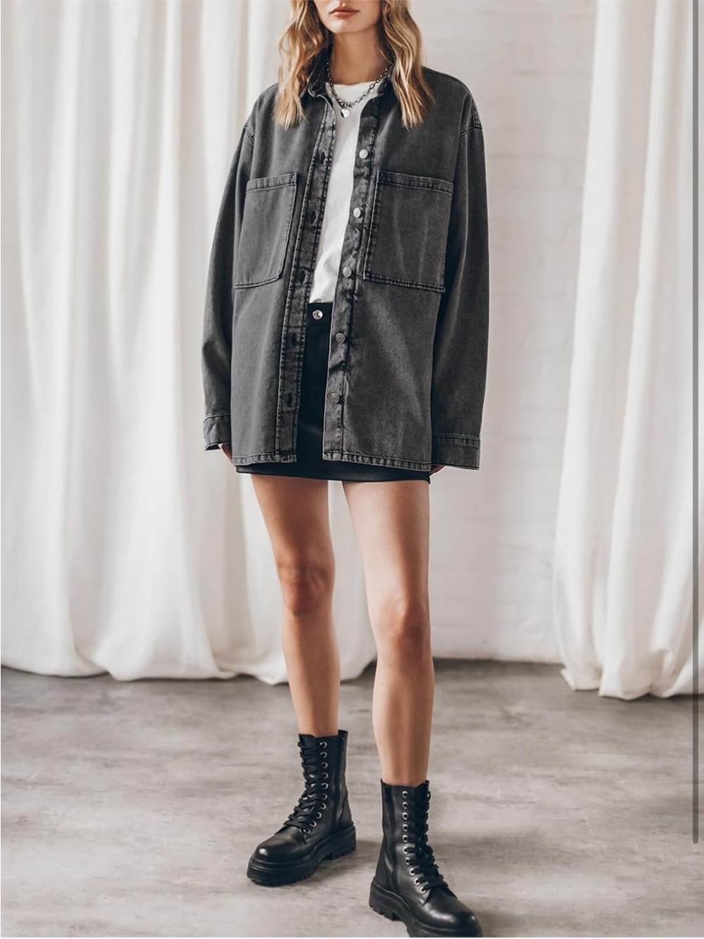 Washed Charcoal Gray Oversized Denim Shacket - Picture 5 of 7